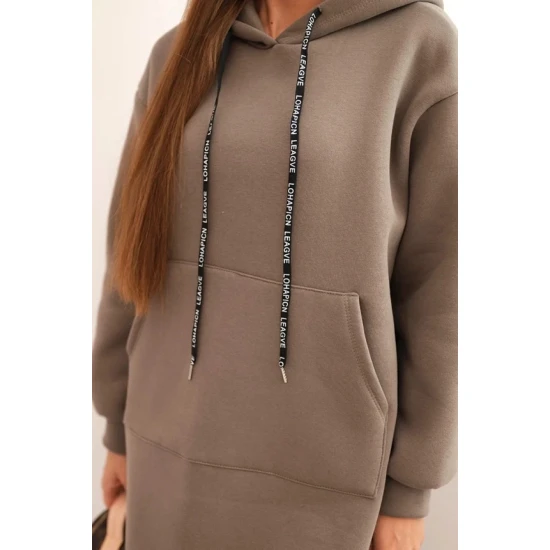 Moteriška pašiltinta tamsiai rusva suknelė su gobtuvu Leagve Ilgos suknelės