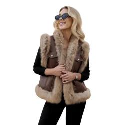 Moteriška tamsiai ruda odinė liemenė su kailiu