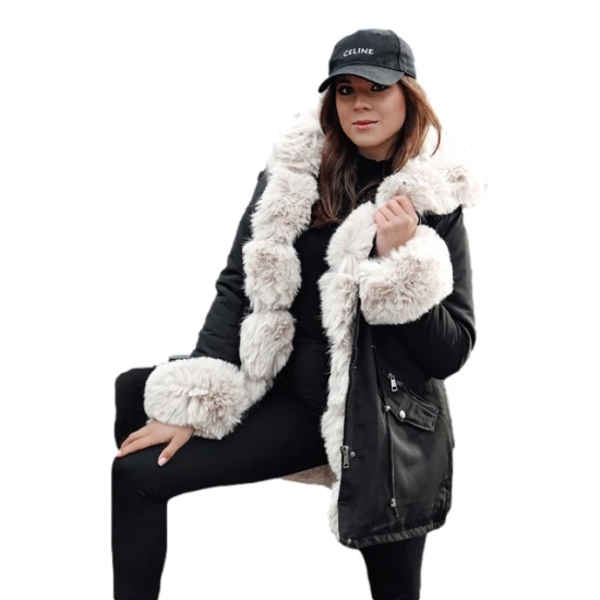 Moteriška juoda su rusvu kailiuku striukė Gibon Moteriškos striukės