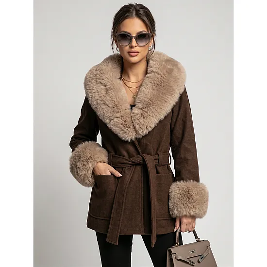 Mika Women's Brown Coat with Fur Trim
