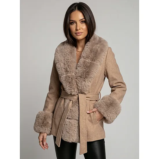 Breda Women's Brown Coat with Fur Trim