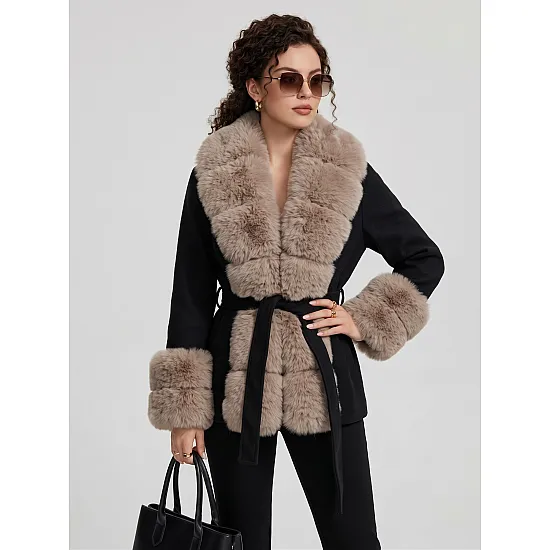 Breda Women's Black Coat with Tan Fur Trim