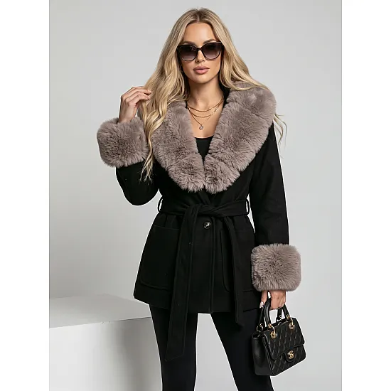 Mika Women's Black Coat with Fur Trim