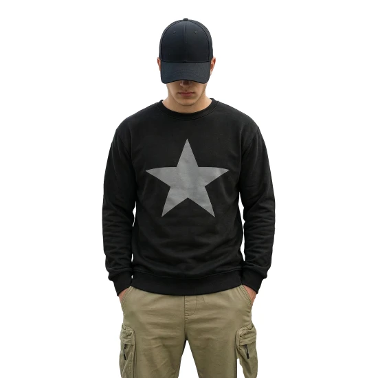 Vyriškas juodas džemperis be gobtuvo Star Džemperiai su užrašais