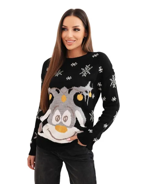 Moteriškas juodas kalėdinis megztinis su elniu Deer
