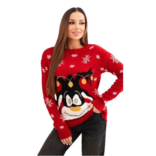 Moteriškas raudonas kalėdinis megztinis su elniu Deer