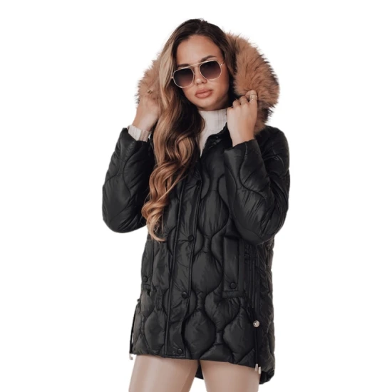 Moteriška juoda žieminė striukė su rudu kailiuku Lumor