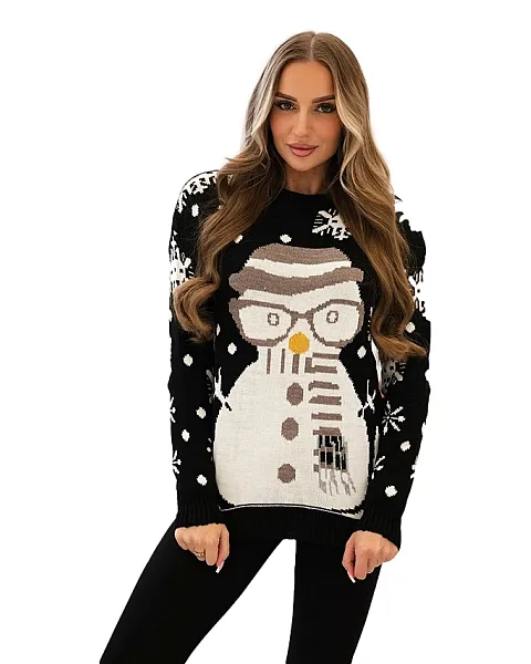 Moteriškas juodas kalėdinis megztinis Snowman