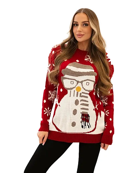 Moteriškas raudonas kalėdinis megztinis Snowman