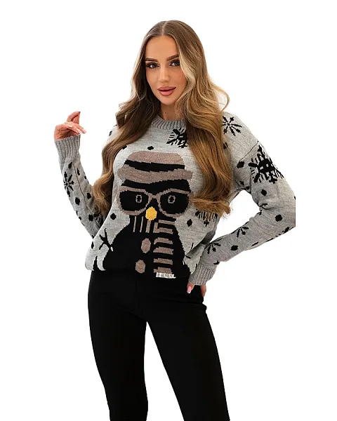 Moteriškas pilkas kalėdinis megztinis Snowman