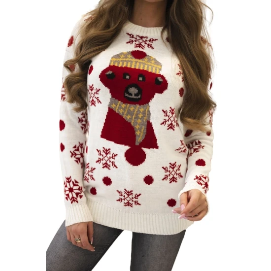 Moteriškas baltas kalėdinis megztinis Bear