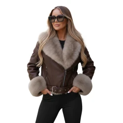 Moteriška tamsiai ruda striukė su rusvu kailiuku Real