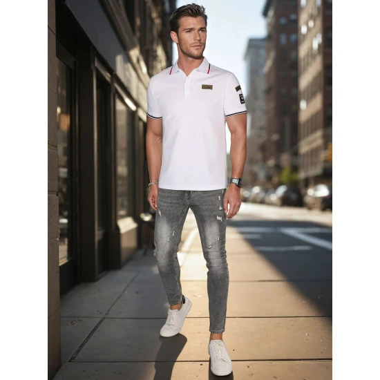 Vyriški polo marškinėliai su lopais balti Army PX0635