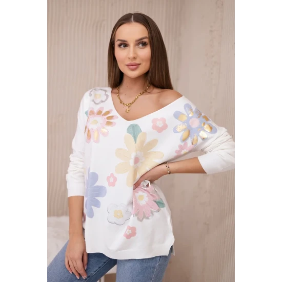Moteriška balta palaidinė su spalvingomis gėlėmis Spring 27628