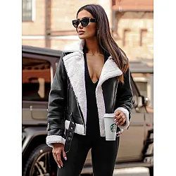 Naiste must nahkjakk valge karusnahaga Elen