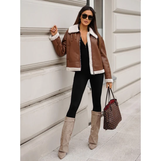 Moteriška ruda odinė striukė su kailiuku Maria JS/11Z8176