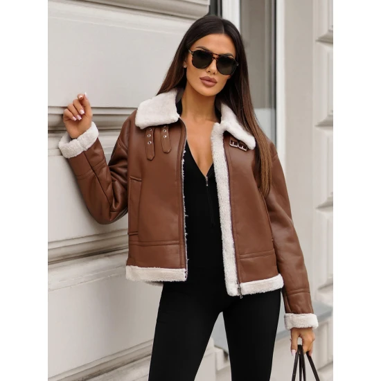 Moteriška ruda odinė striukė su kailiuku Maria JS/11Z8176