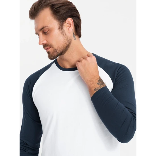 Vyriški balti/tamsiai mėlyni marškinėliai ilgomis rankovėmis Artur V1 OM-LSCL-0105