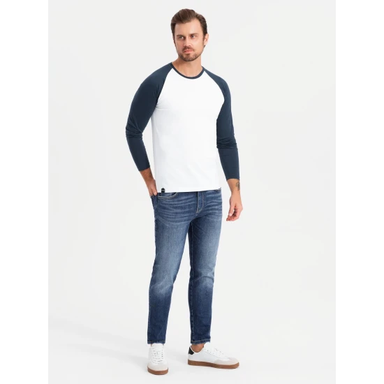 Vyriški balti/tamsiai mėlyni marškinėliai ilgomis rankovėmis Artur V1 OM-LSCL-0105