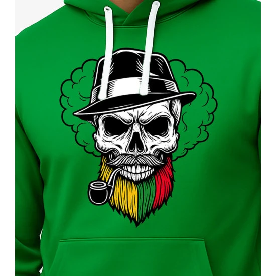 Vyriškas žalias džemperis su gobtuvu Kaukolė barzda-pypkė PK4011