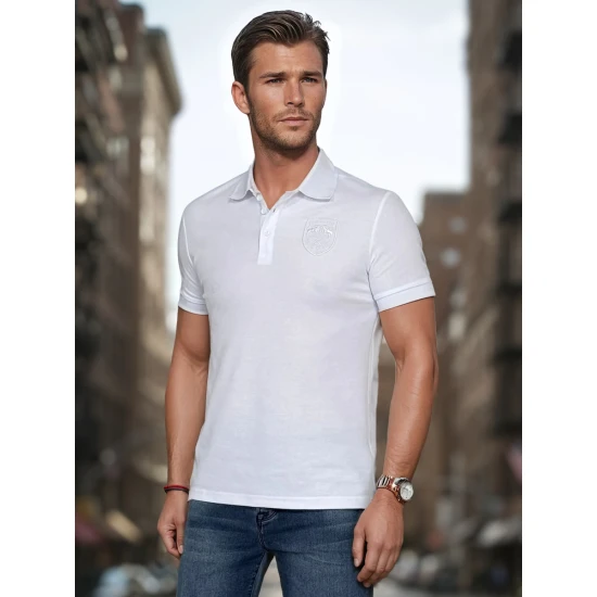 Vyriški baltos spalvos polo marškinėliai su logotipu Emb PX0627