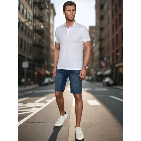 Vyriški baltos spalvos polo marškinėliai su logotipu Emb PX0627