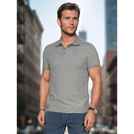 Vyriški pilkos spalvos polo marškinėliai su logotipu Emb PX0626