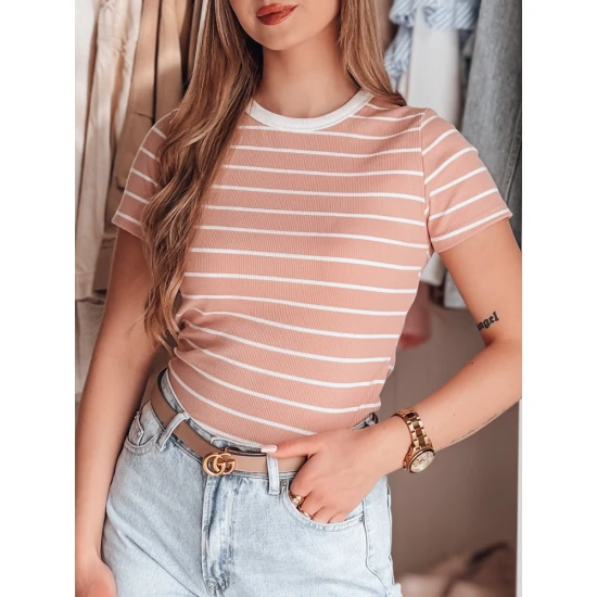 Moteriški rožiniai dryžuoti marškinėliai Liness RY2809