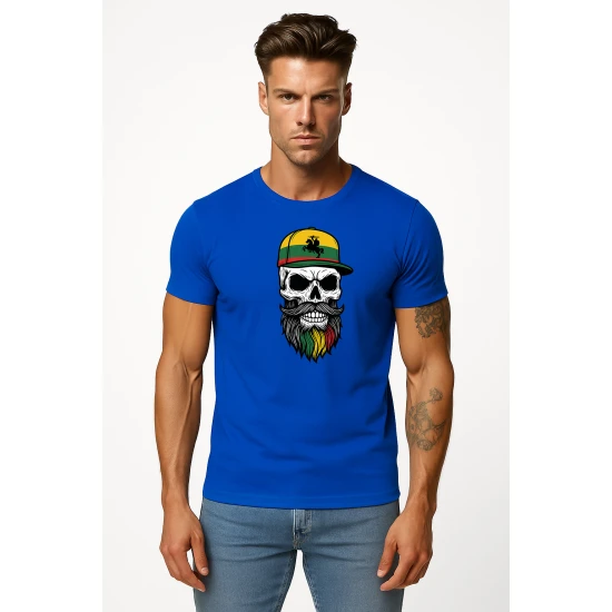 Vyriški mėlyni marškinėliai Kaukolė su kepure PK4016