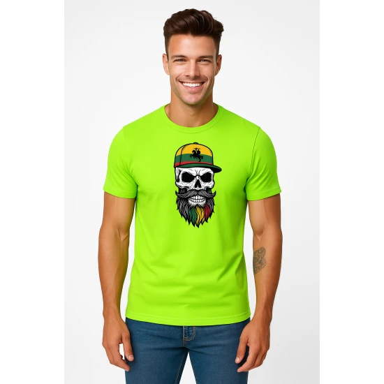 Vyriški žali neoniniai marškinėliai Kaukolė su kepure PK4016
