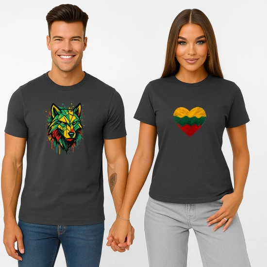 Tamsiai pilkų marškinėlių komplektas Širdis-geometrinis vilkas PK4027