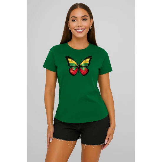 Moteriški tamsiai žali marškinėliai Drugelis PK4025