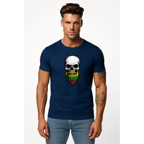 Vyriški tamsiai mėlyni marškinėliai Kaukolė su barzda PK4015