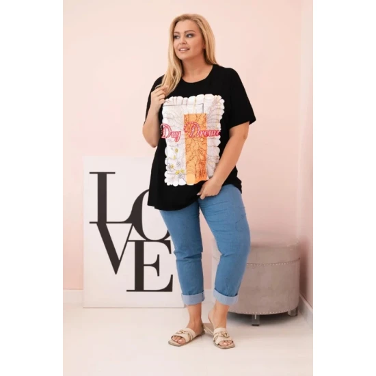 Moteriški juodi su oranžine detale marškinėliai Day dream 33319
