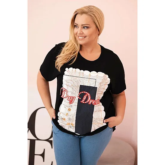 Women's black t-shirt with dark blue detail Day dream 33316