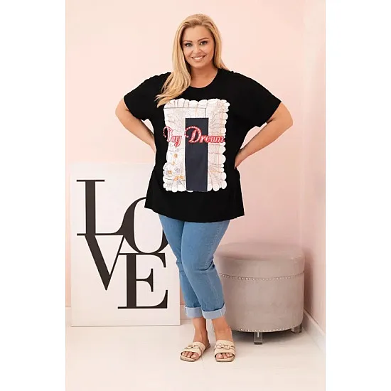 Women's black t-shirt with dark blue detail Day dream 33316