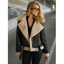 Moteriška juoda odinė striukė su kailiuku Elen