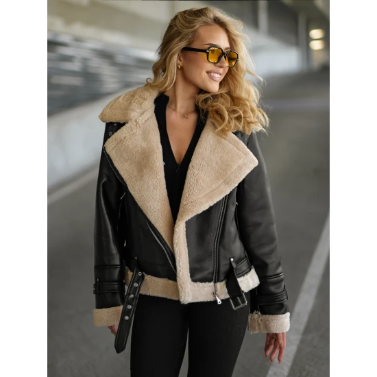 Moteriška juoda odinė striukė su kailiuku Elen Striukės