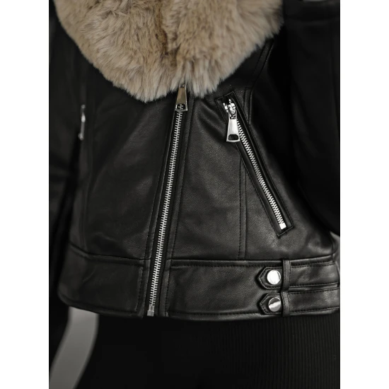 Moteriška juoda odinė striukė su rusvu kailiuku Laser Moteriškos striukės