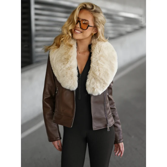 Moteriška ruda odinė striukė su kailiuku Laser Moteriškos striukės