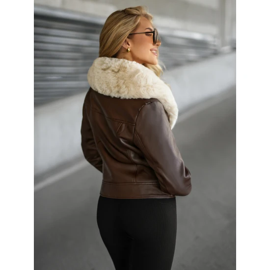 Moteriška ruda odinė striukė su kailiuku Laser Moteriškos striukės