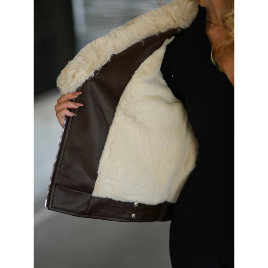 Moteriška ruda odinė striukė su kailiuku Laser Moteriškos striukės