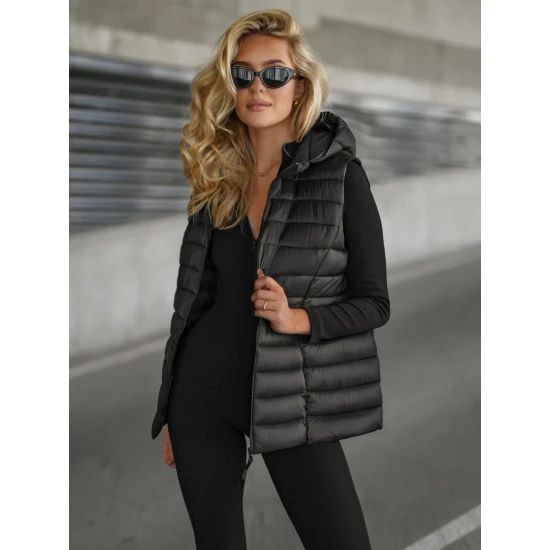 Moteriška juoda liemenė su gobtuvu Senti Moteriškos liemenės