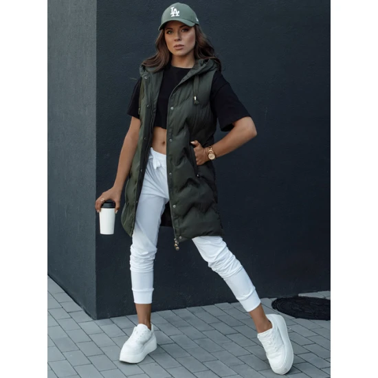 Moteriška dygsniuota tamsiai žalia liemenė su gobtuvu Lily TY4533