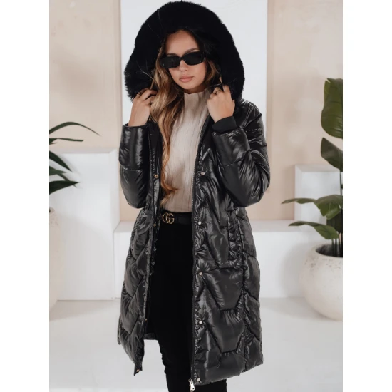 Moteriška juoda striukė su juodu kailiuku Elec Moteriškos striukės