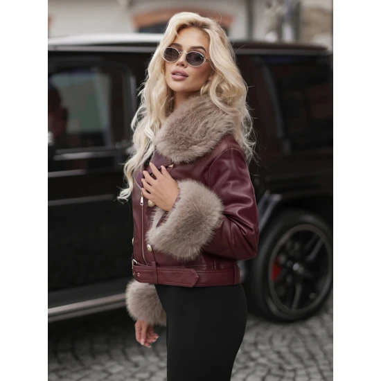 Moteriška odinė bordo spalvos striukė su rusvu kailiuku Elis Moteriškos striukės