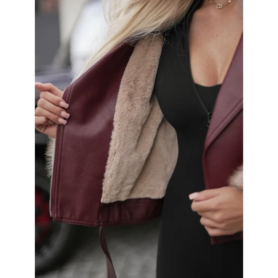 Moteriška odinė bordo spalvos striukė su rusvu kailiuku Elis Moteriškos striukės