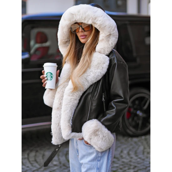 Moteriška juoda striukė su kailiu Nikol Moteriškos striukės