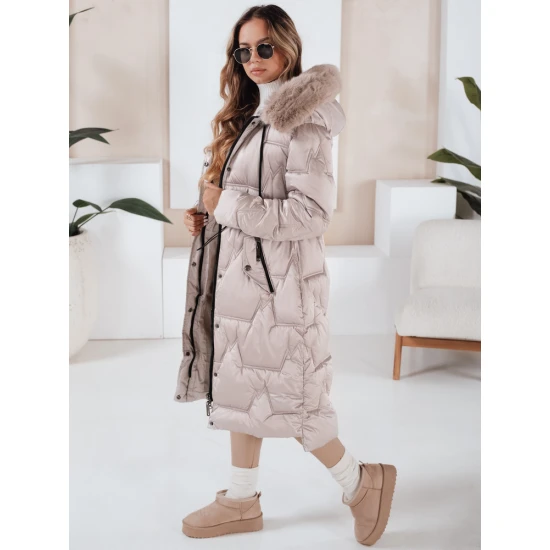 Moteriška ilga žieminė striukė su kailiuku smėlio spalvos Velis Moteriškos striukės