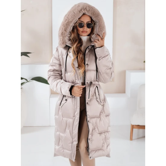 Moteriška ilga žieminė striukė su kailiuku smėlio spalvos Velis Moteriškos striukės